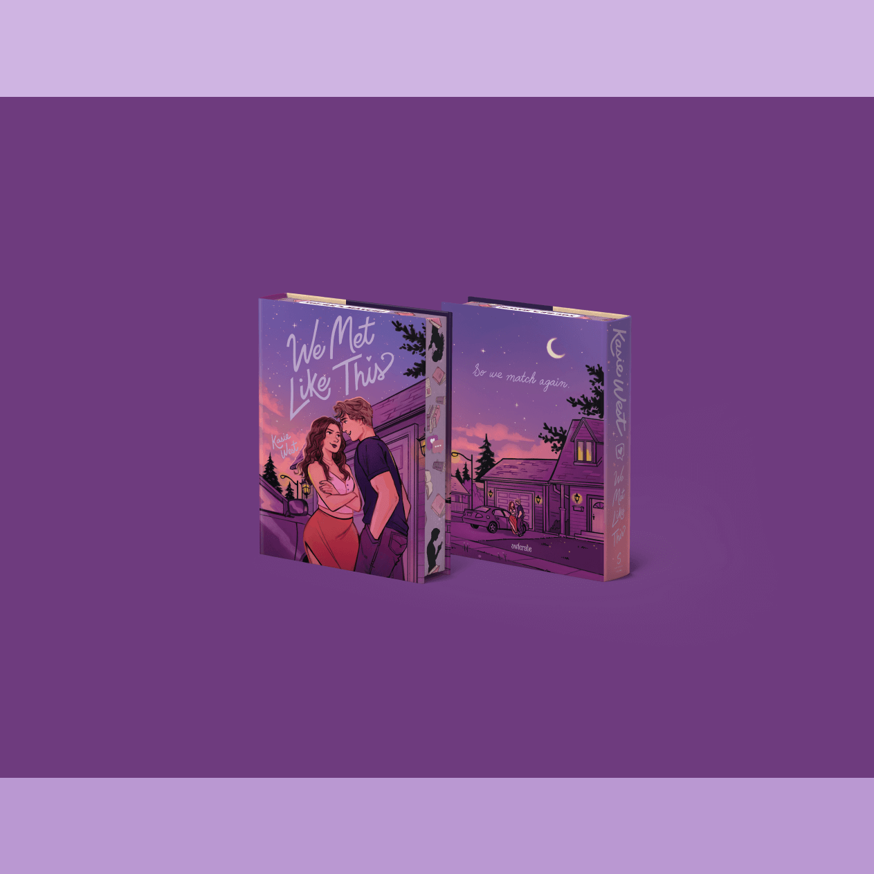 OwlCrate limited edition of We Met Like This. The front and back of the book are centered on a dark purple background resembling a text chat bubble.