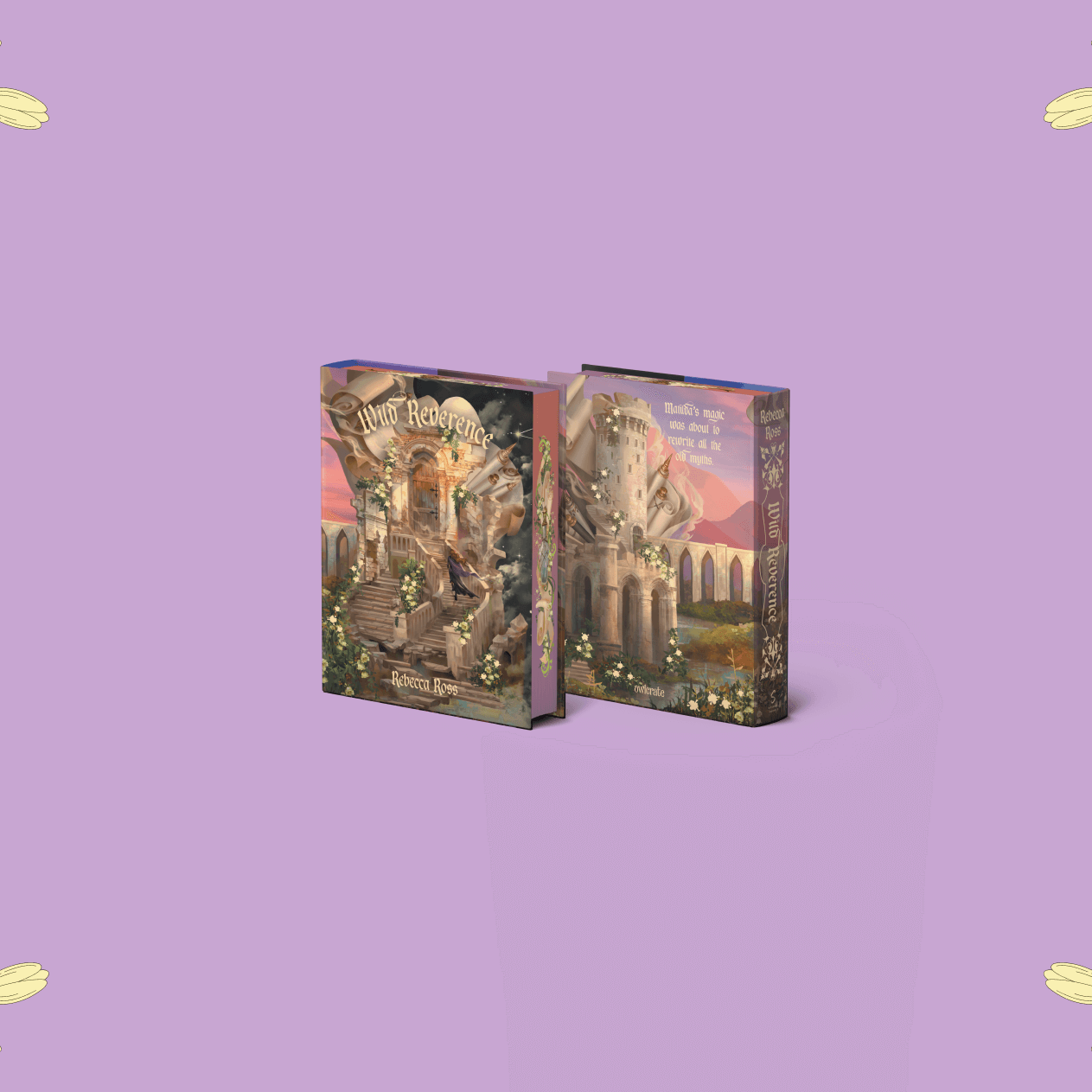 OwlCrate limited edition of Wild Reverence. The front and back of the book are centered on a light purple background with white stemmed flowers framing the edges.