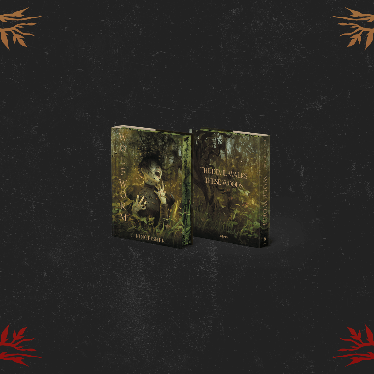 OwlCrate limited edition of Wolf Worm. The front and back of the book are centered on a black background with orange-to-red roots and branches frame the corners.