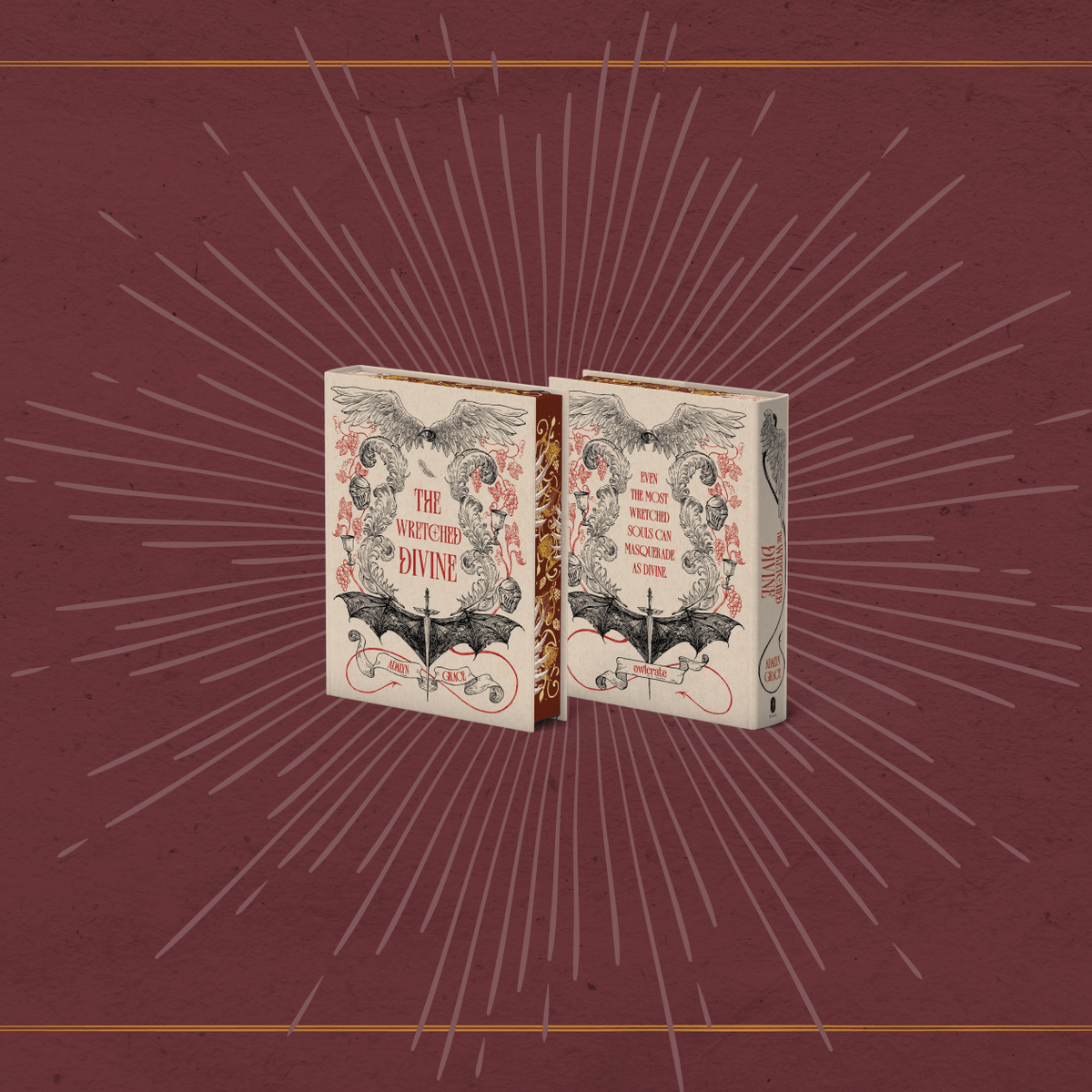OwlCrate limited edition of The Wretched Divine book by Adalyn Grace. Front and back covers centered on a maroon background with woodcut-style sun rays emitting from the centered books.