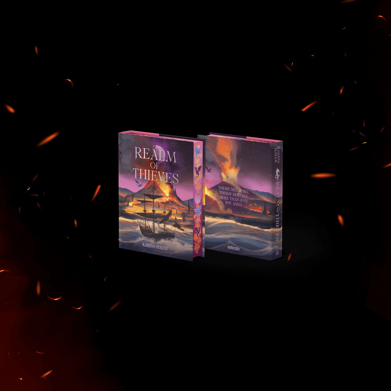 OwlCrate limited edition of Realm of Thieves. The front and back of the book is centered on a black background surrounded by fire embers, with ornamental designs framing the borders.