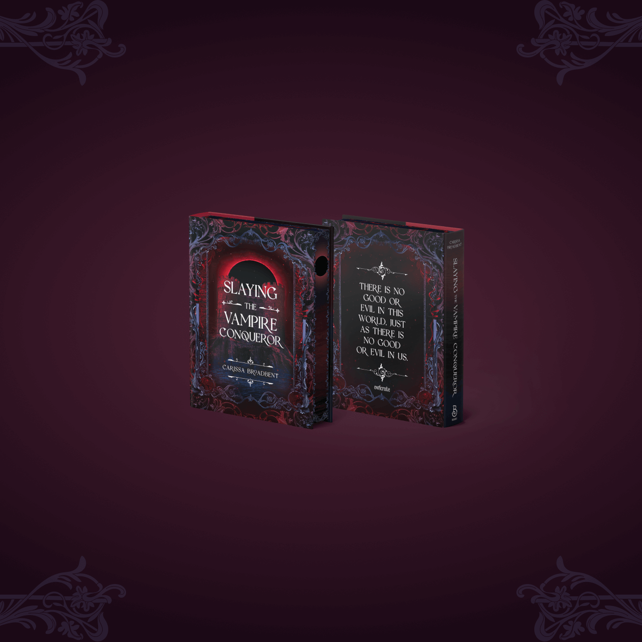 OwlCrate edition of the Slaying the Vampire Conqueror book, both front and back covers, centered on a deep purple background with decorative frames on the borders.