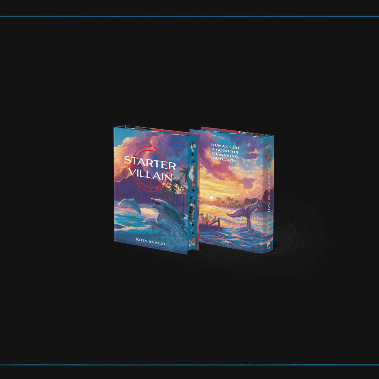 OwlCrate limited edition of Starter Villain. The front and back of the book is centered on a black background with blue illustrated cats framing the corners.