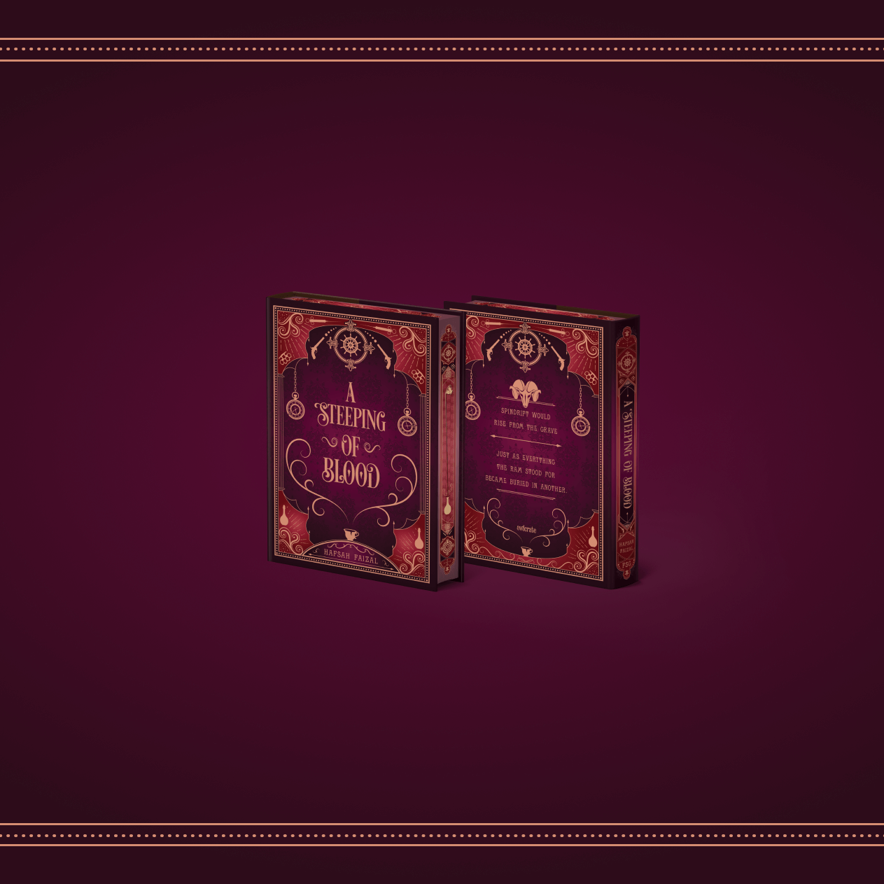 OwlCrate limited edition of A Steeping of Blood. The front and back of the book is centered on a deep purple background. An ornamental design of dotted lines frames the borders.
