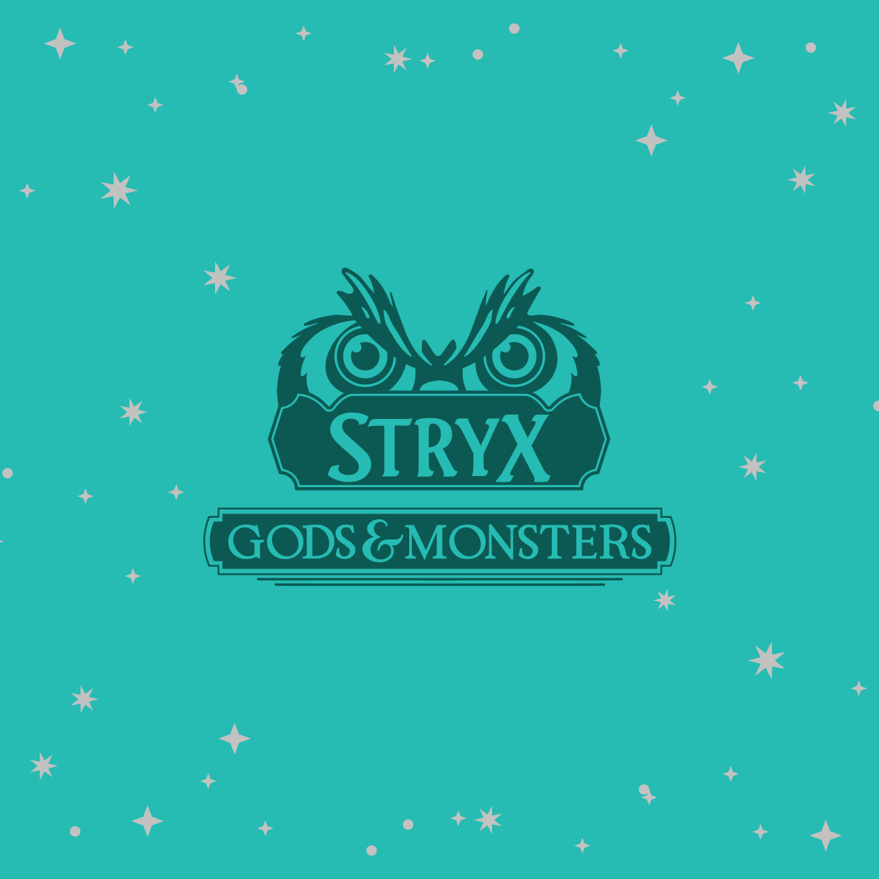Stryx logo, owl eyes peaking over the words Stryx: Gods & Monsters, centered on a teal background with stars and clouds framing the edges.