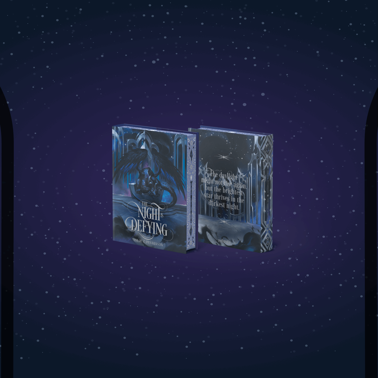 OwlCrate edition of The Night Is Defying books, both front and back covers, centered on a starry background. On either side are black silhouettes of gothic window frames.