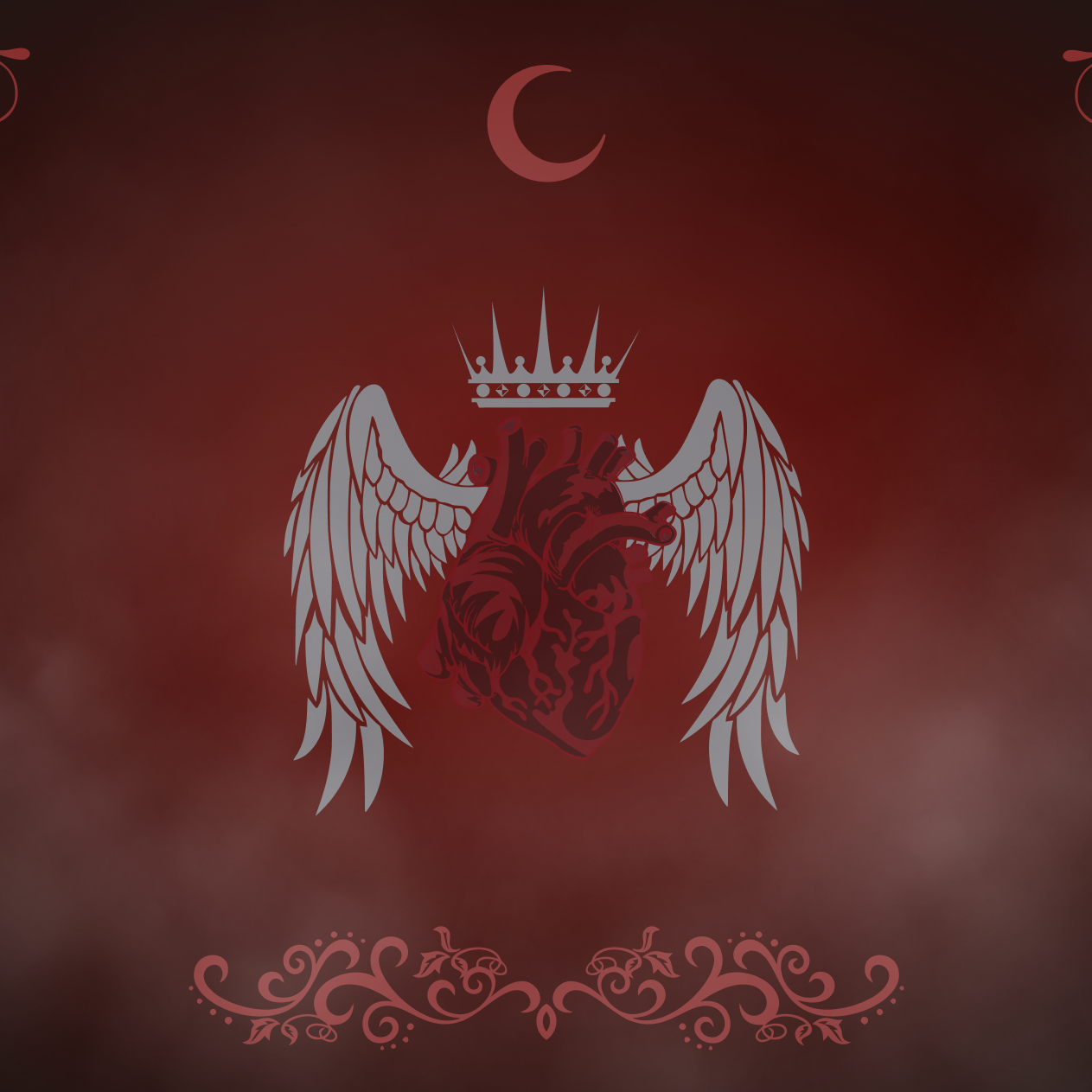 An anatomical heart with wings and a crown is centered. Background is a deep red darkening to almost black at the edges. Winged weapons with snakes winding up the blades frame the centre image.