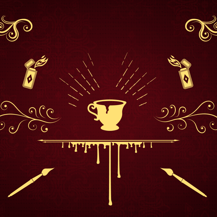 A cracked tea cup, surrounded by lighters, paintbrushes, and blood drips, surrounded by swirly designs and starbursts.