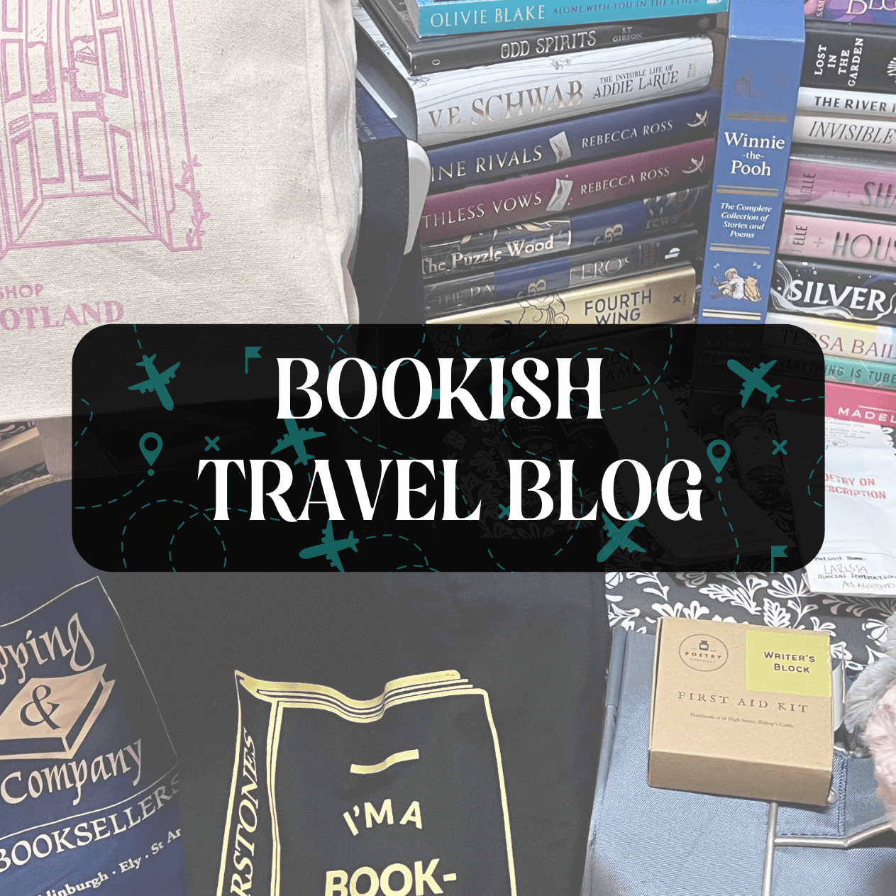 Bookish goodies in the background and the title:"Bookish Travel Blog"