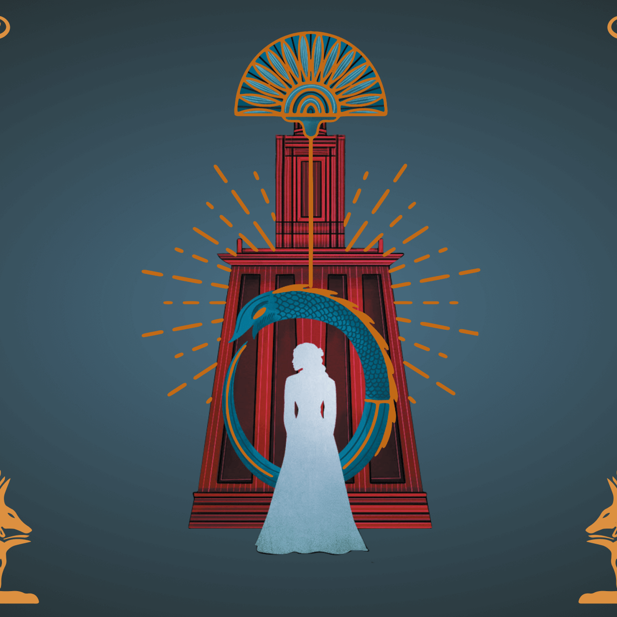 A red obelisk tower with a golden crown design centered, with a blue serpent and a blue female-shaped silhouette. 3-headed golden jackals on either side in the bottom corners, with golden designs in the top corners.