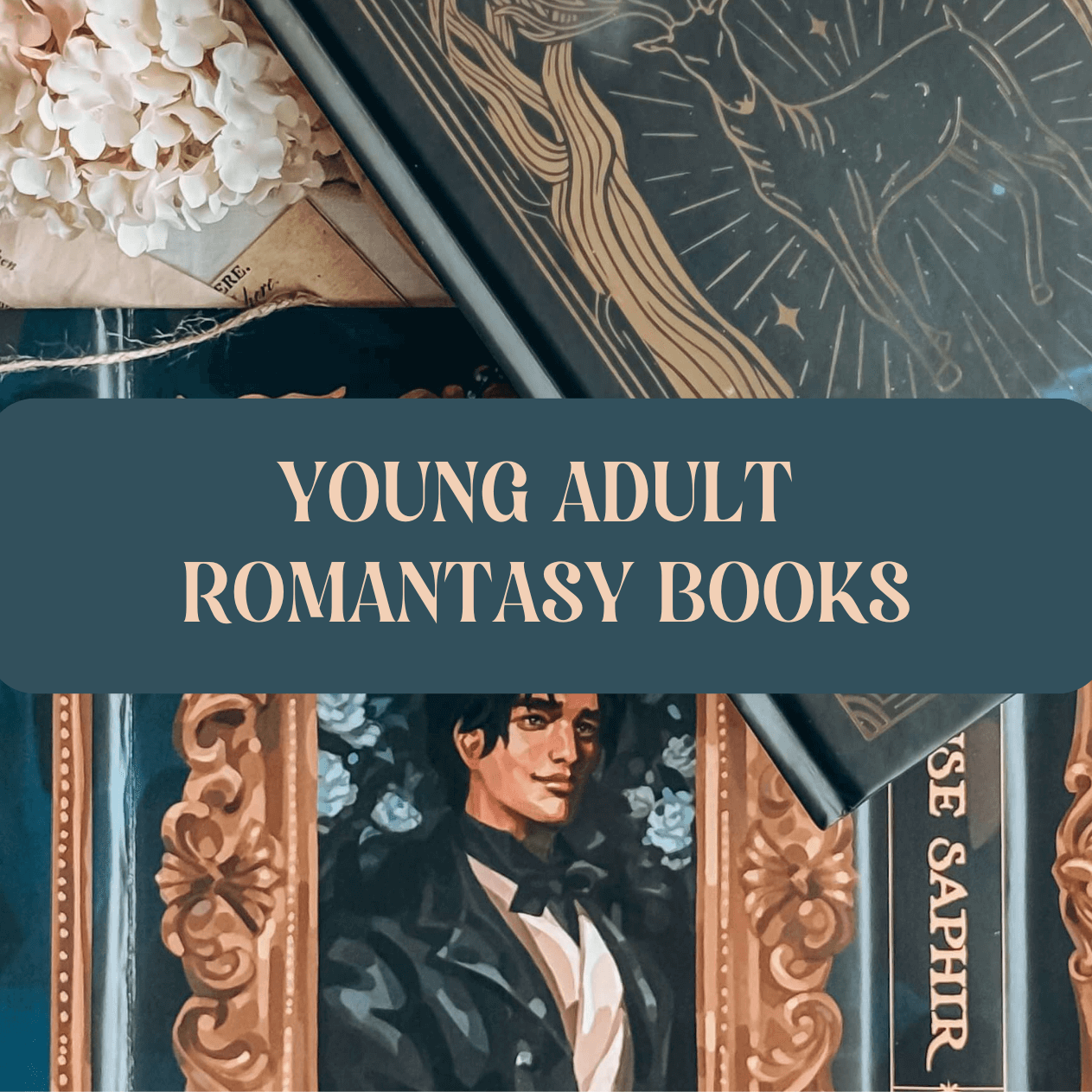 Graphic with photo of book and text which reads "Young Adult Romantasy Books"