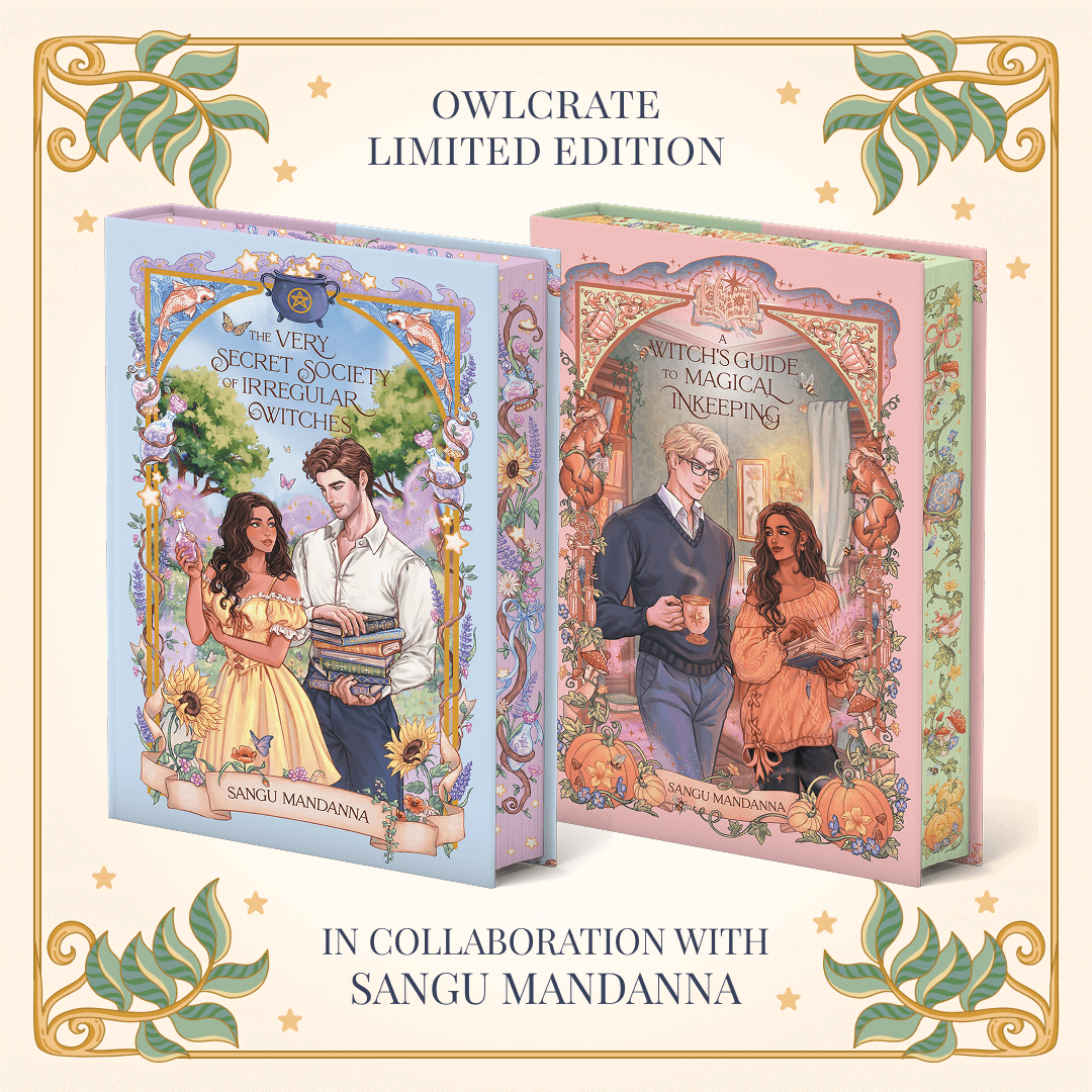 Two Owlcrate Limited Edition books of The Very Secret Society of Irregular Witches and A Witch's Guide to Magical Innkeeping by Sangu Mandanna. Covers feature illustrations of the main characters within a decorative border.