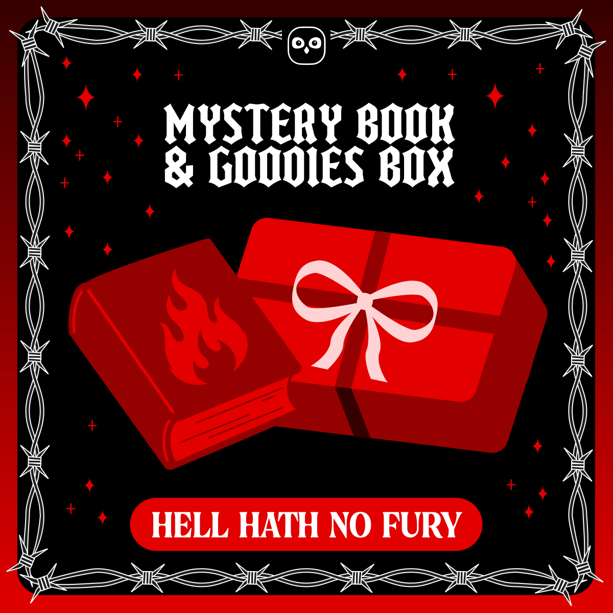 Mystery book & goodies box - Hell Hath No Fury. A vector designed red book featuring a flame next to a red wrapped present on a red starry background framed by white barbed wire.
