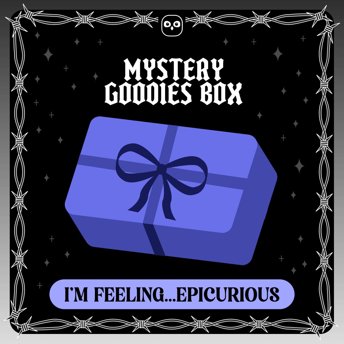 Mystery goodies box - I'm feeling epicurious. A vector design of a indigo wrapped present on a starry black background framed by white barbed wire.