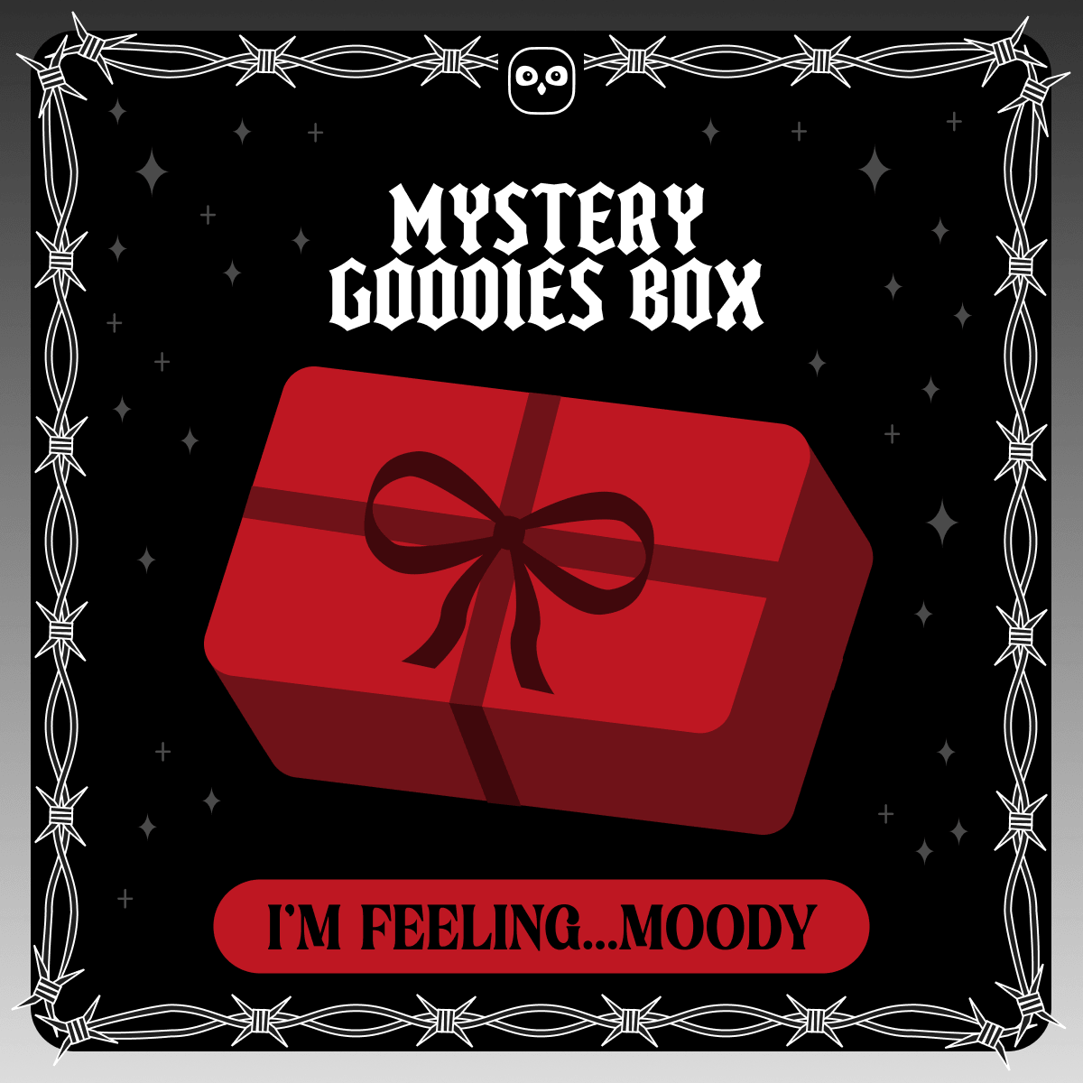 Mystery goodies box - I'm feeling moody. A vector design of a red wrapped present on a starry black background framed by white barbed wire.