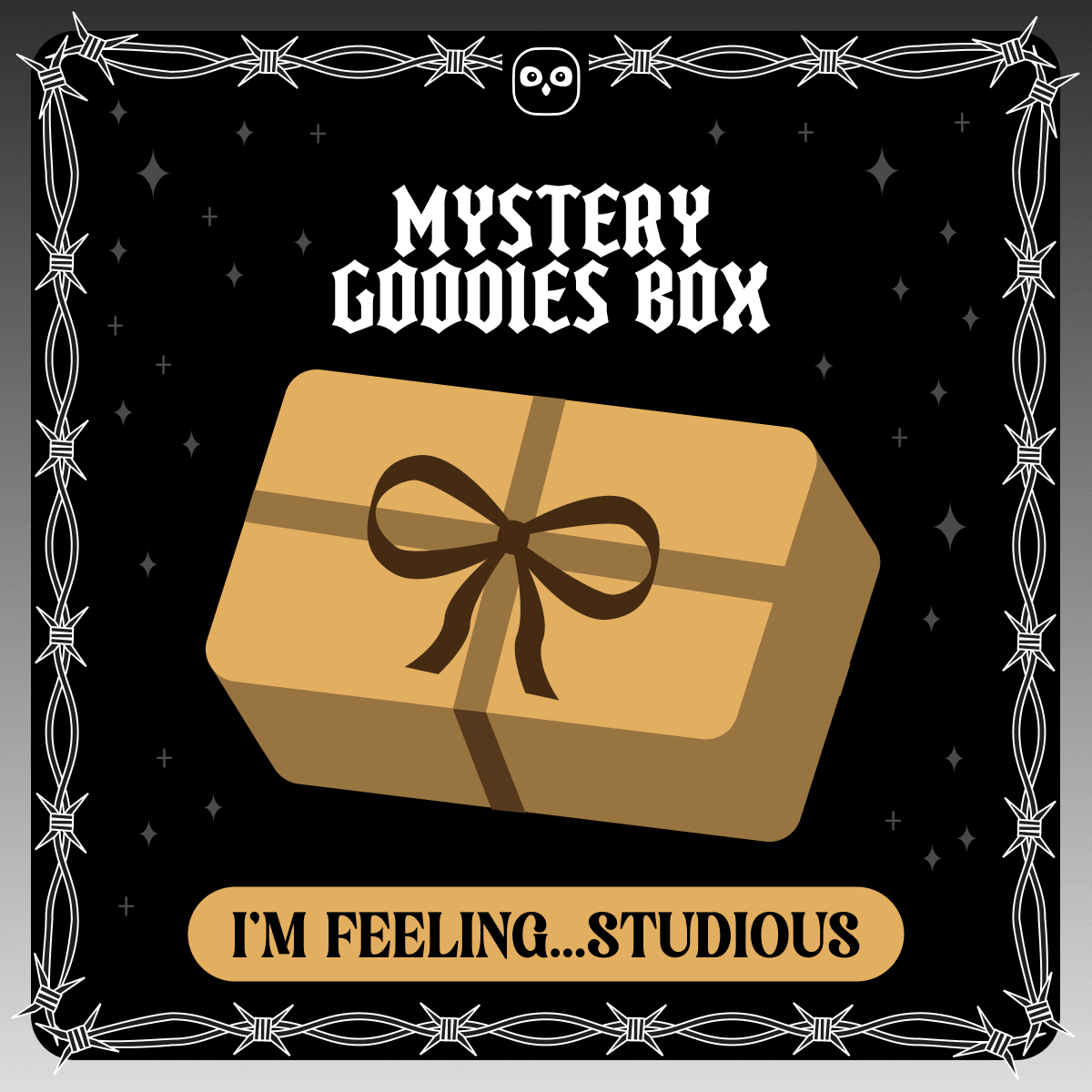Mystery goodies box - I'm feeling studious. A vector design of a tan wrapped present on a starry black background framed by white barbed wire.