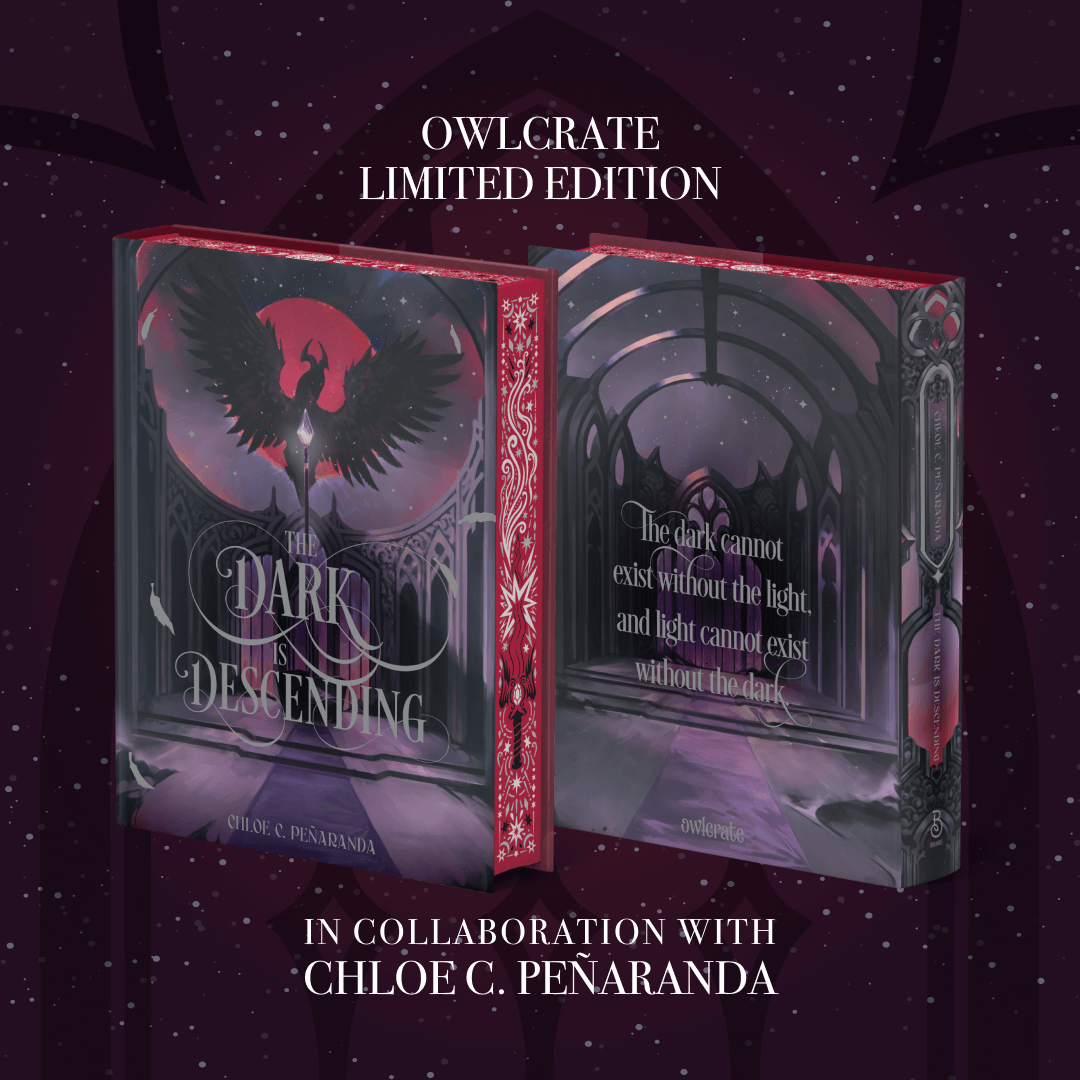 OwlCrate limited edition of The Dark is Descending in collaboration with Chloe C Peñaranda. Front and back covers of the book are centered on a purple, starry background.