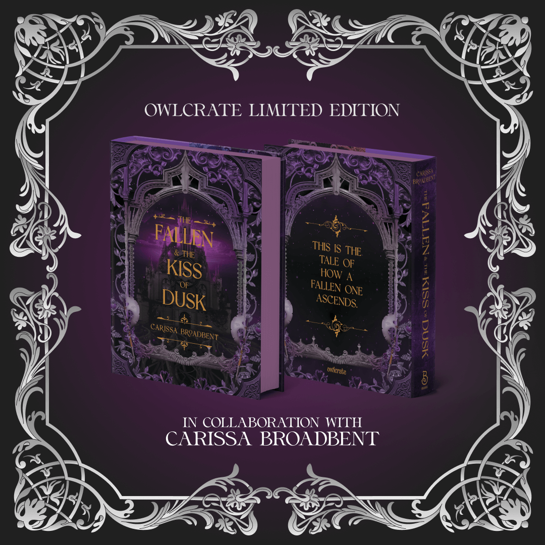OwlCrate limited edition of The Fallen and the Kiss of Dusk in collabroation with Carissa Broadbent. Front and back book covers are centered on a purple background with silver filigree designs framing the graphic.