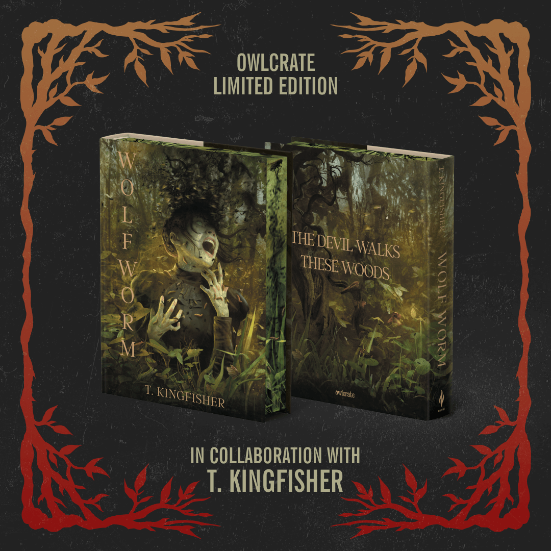 The front and back covers of the book Wolf Worm by T. Kingfisher are centered on a dark background with decorative branches.