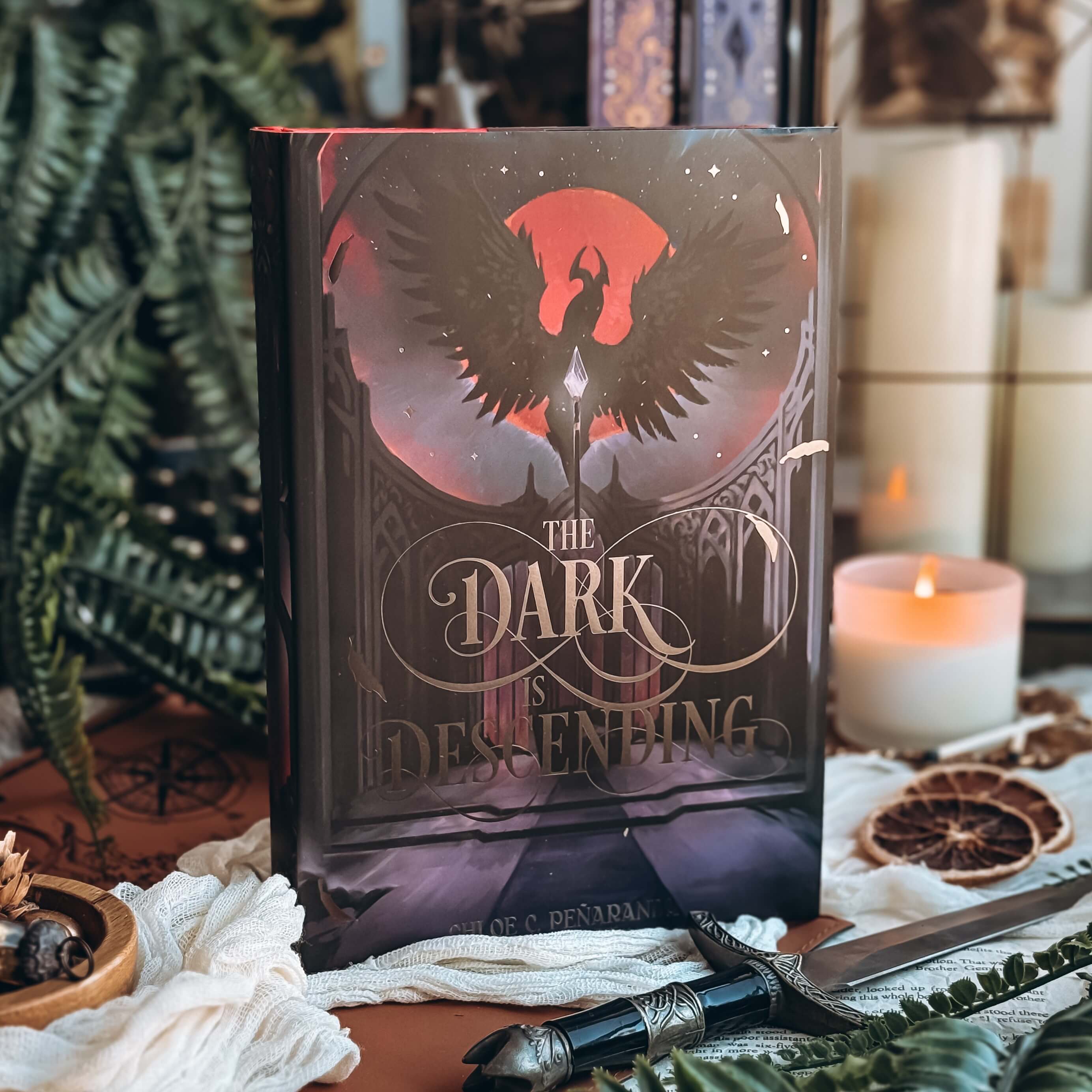 Cover of The Dark is Descending by Chloe C Peñaranda Book with a phoenix design in a mystical setting.