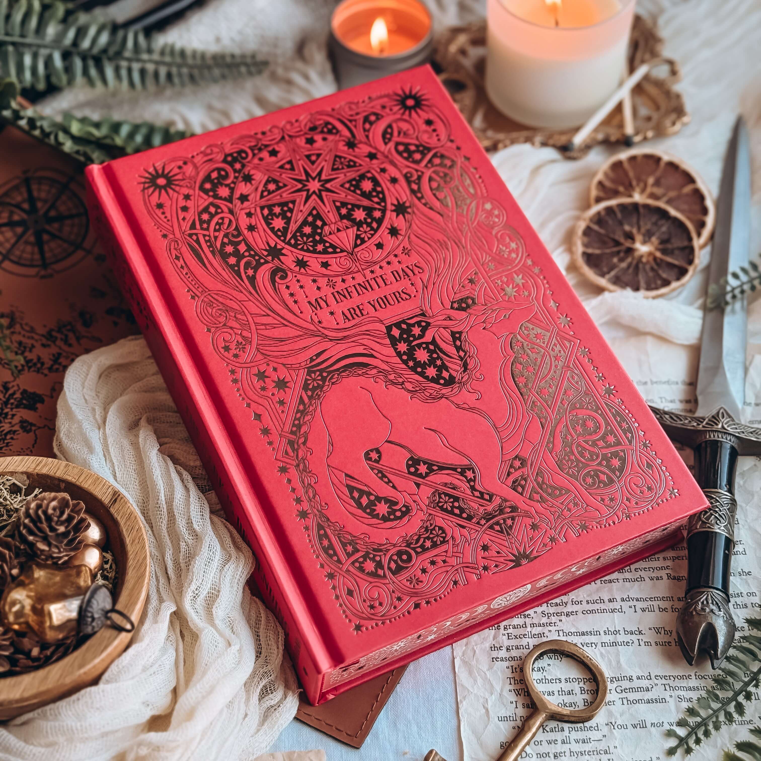 Hardcover book of The Dark is Descending by Chloe C Peñaranda showing a red book with ornate black embossed designs. Text on book reads "My inifite days are yours."