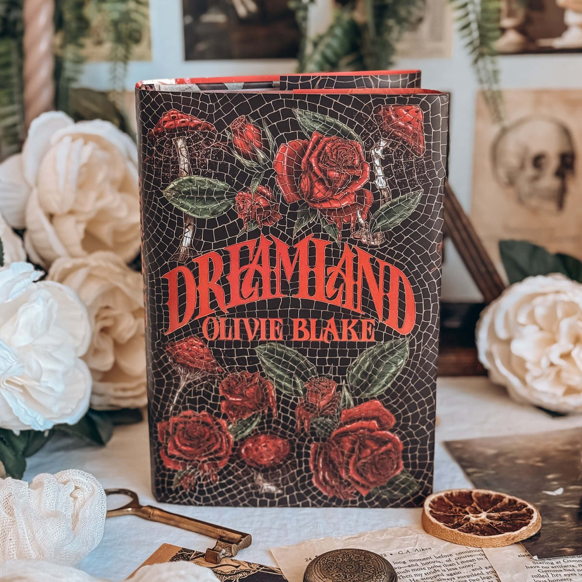 The front reversible dust jacket for the book for the book Dreamland by Olivie Blake showing a dark mosaic pattern featuring roses and mushrooms with the title and author name in large red font. The book stands upright surrounded by a variety of decorative items, such as white flowers, and white papers.