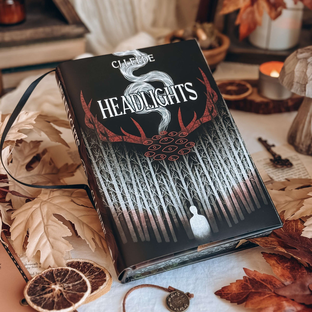 The front reversible dust jacket for the book Headlights by CJ Leed is centered surrounded by various autumn-themed decorative items. The book cover depicts an illustrated pair of red antlers with floating, outline red eyes hovering over a white forest.