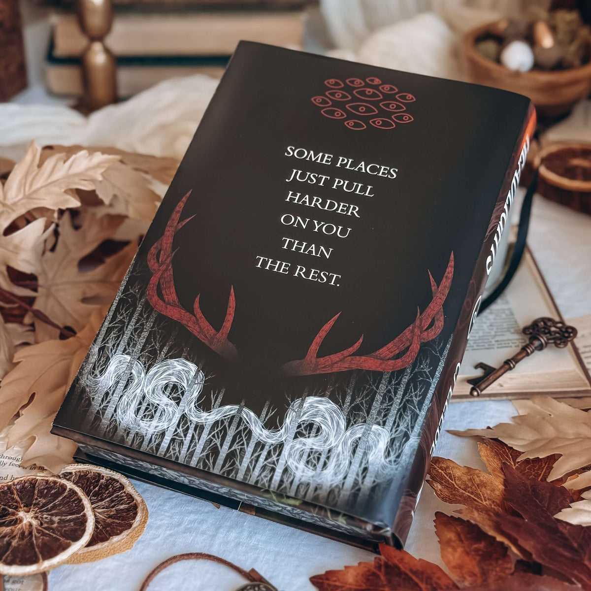 The back cover of a book is centered surrounded by various autumn-themed decorative items. The book design features the quote 'Some places just pull harder on you than the rest' centered on a black background with red antlers, white illustrated trees, and several floating outlines of red eyes.