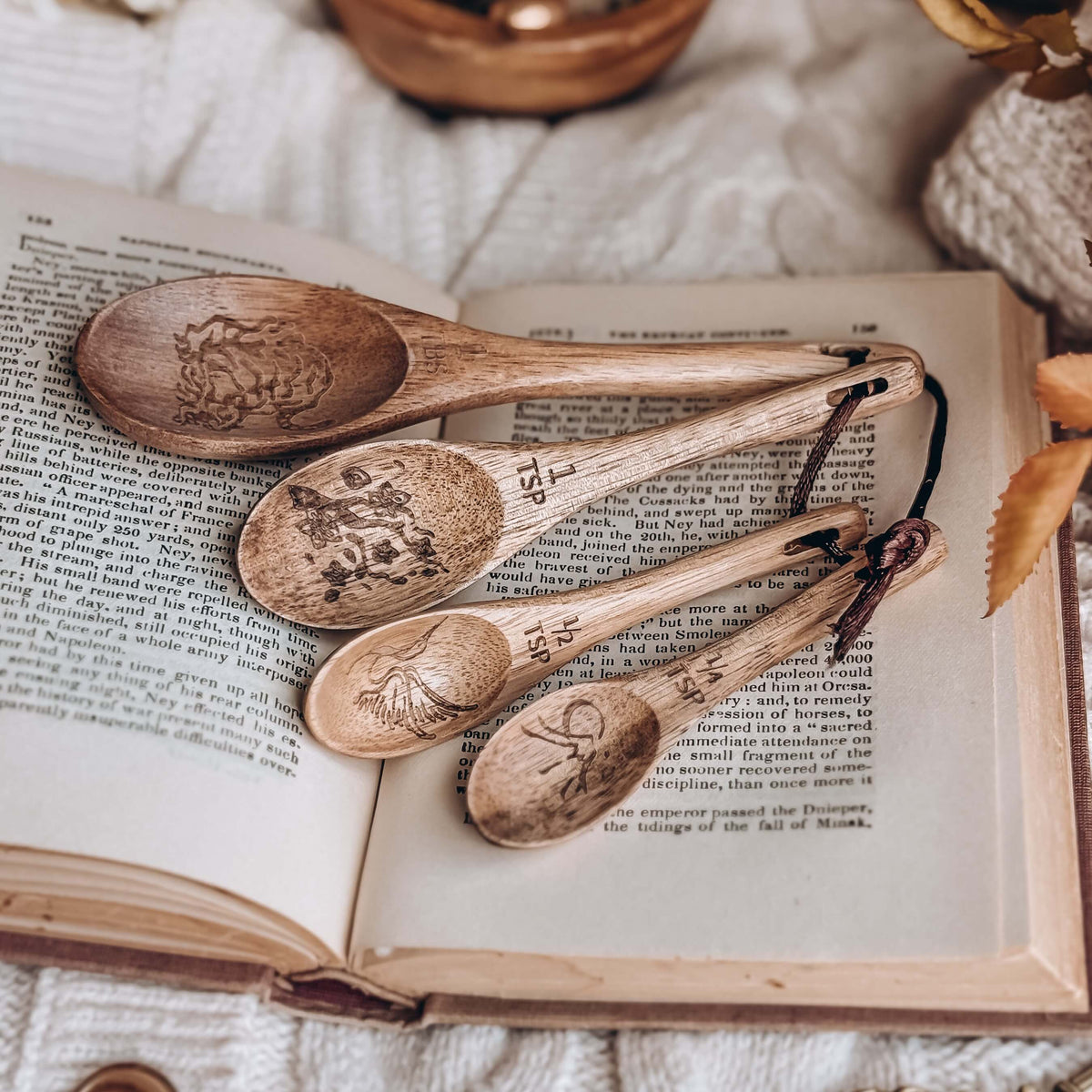 Six Crimson Cranes-inspired wooden measuring spoons resting on an open book.