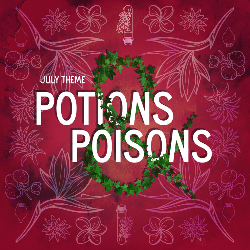 Illustrated graphic with a red background with the outlines of flowers and poison vials that says "July Theme Potions & Poisons"