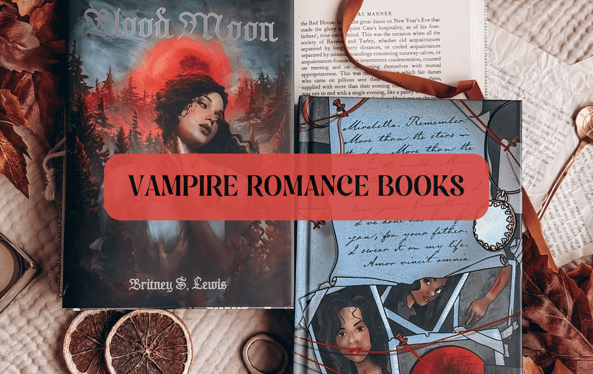 Graphic with photo of book and text which reads "Vampire Romance Books"