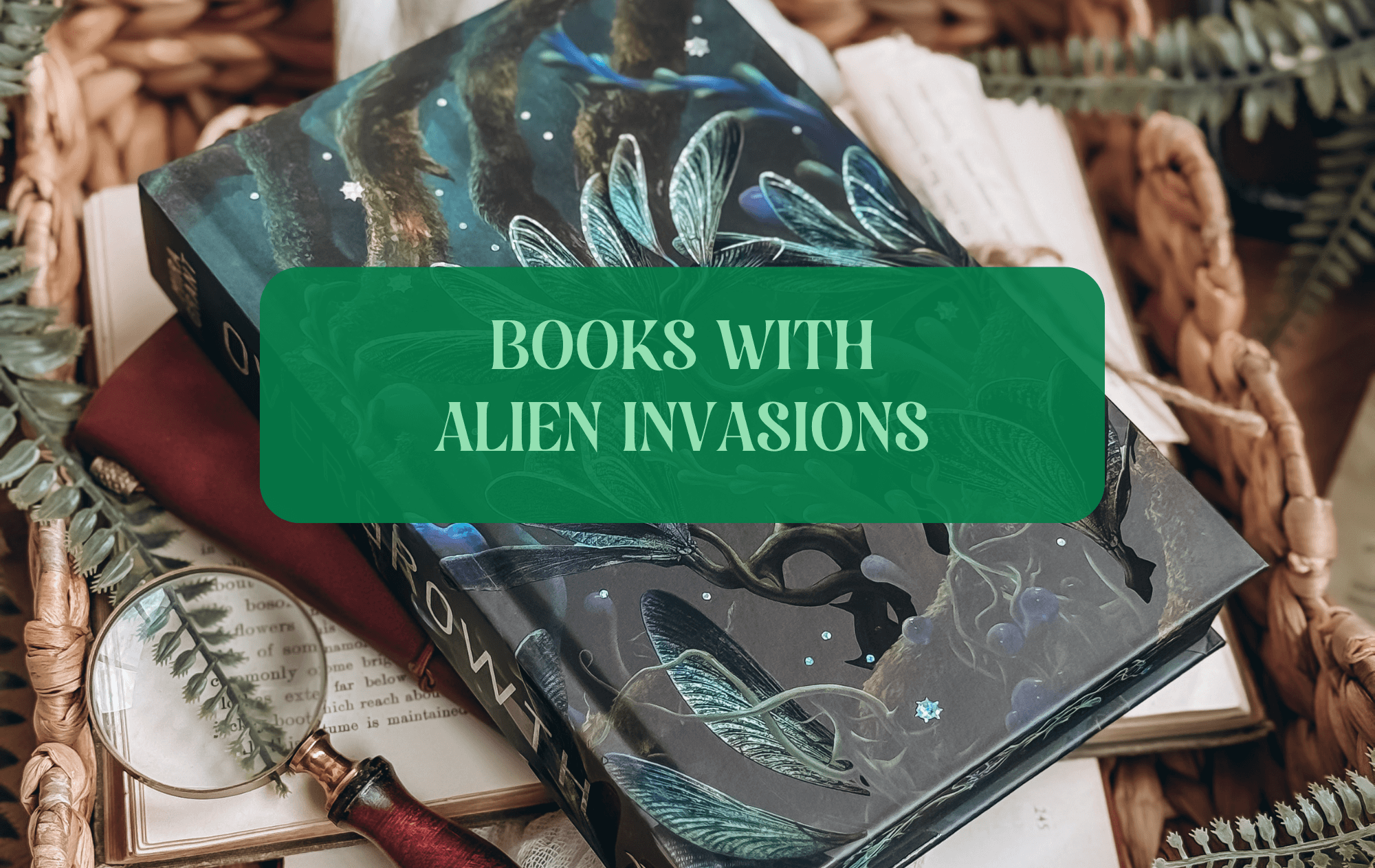 Graphic with book and text that reads "Books With Alien Invasions"