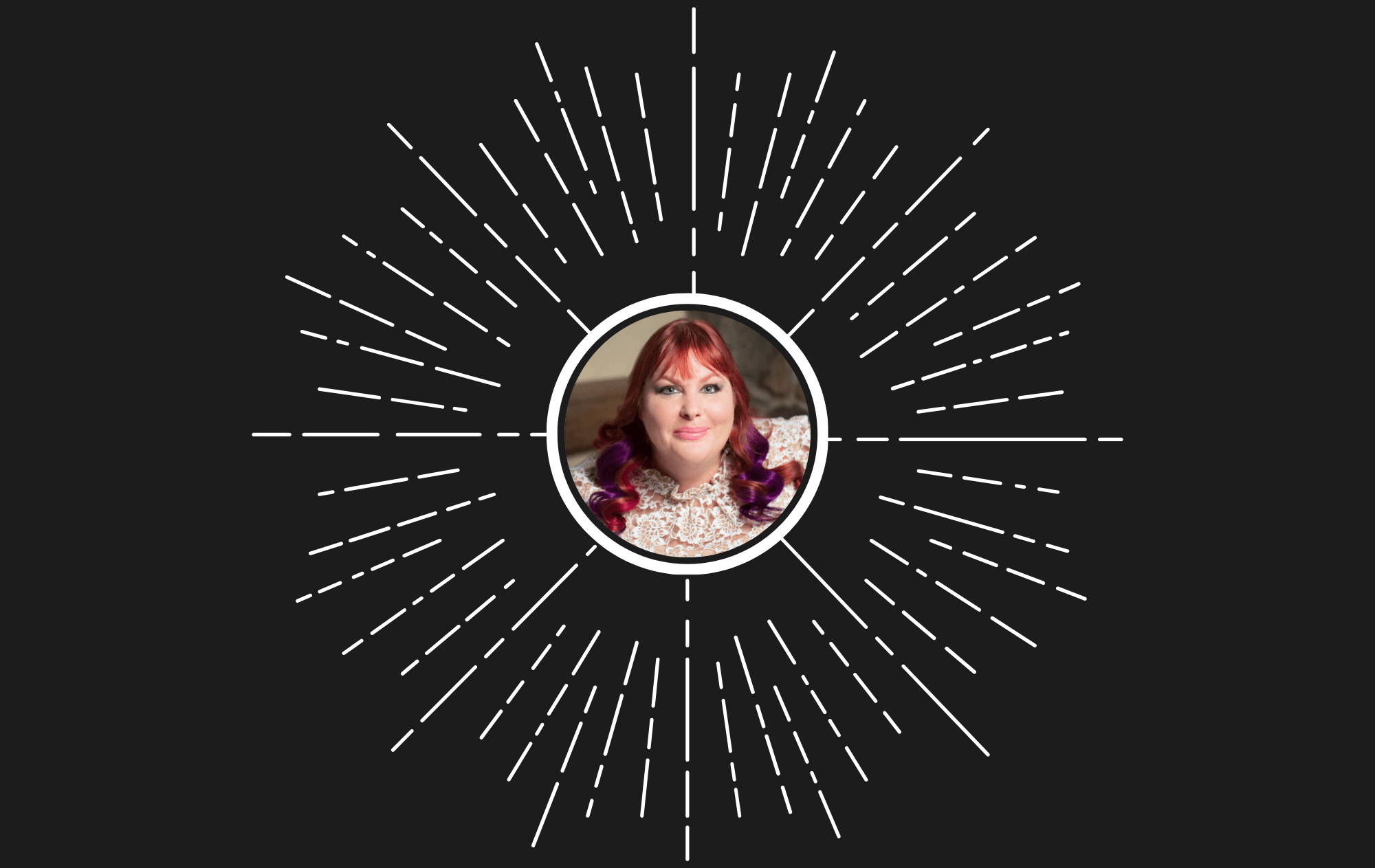 Black graphic with white lines and circle shape in the middle with a photo of Cassandra Clare