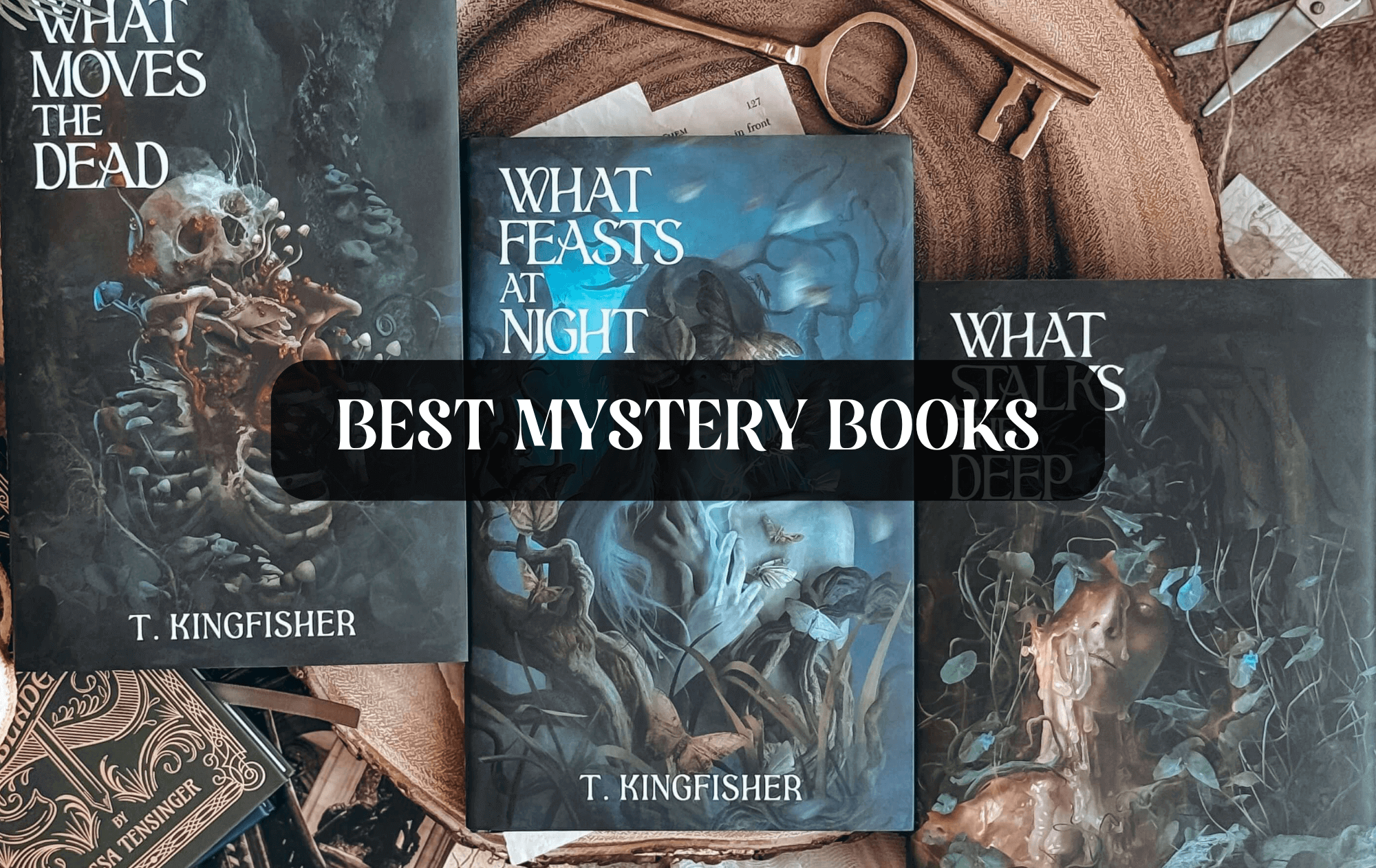 Graphic with books and text that reads "Best Mystery Books"