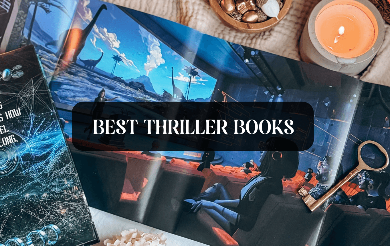 Graphic with photo of book and text which reads "Best Thriller Books"