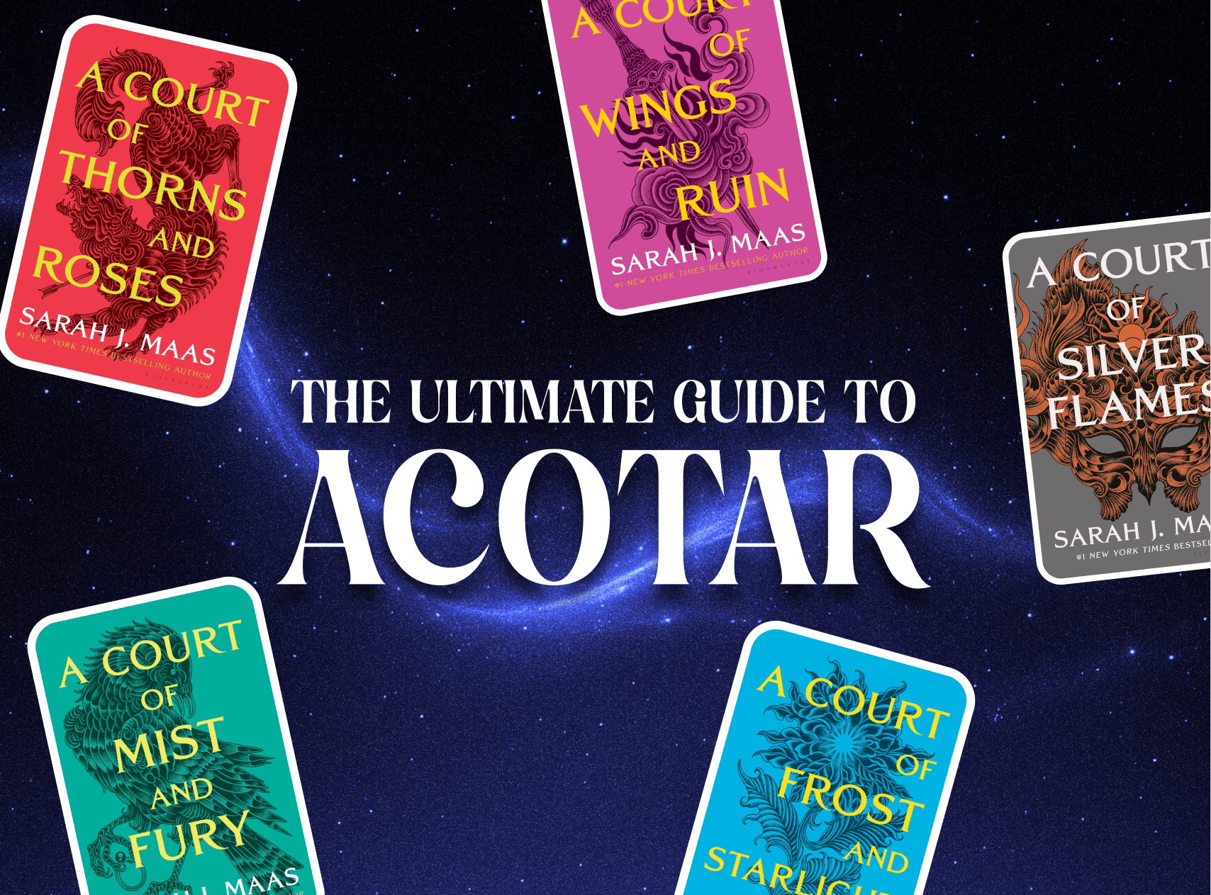 Graphic with book covers and text which reads "The Ultimate Guide To ACOTAR"