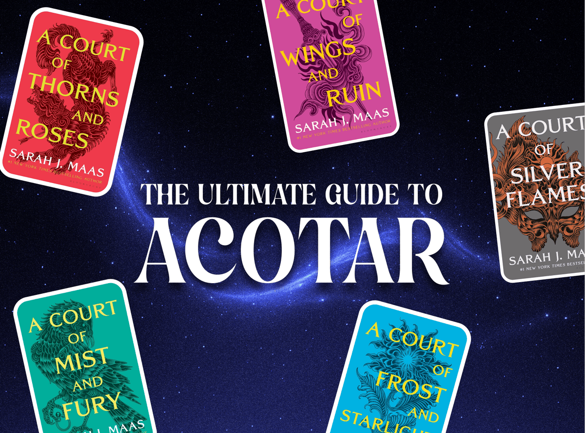 Graphic with book covers and text which reads "The Ultimate Guide To ACOTAR"
