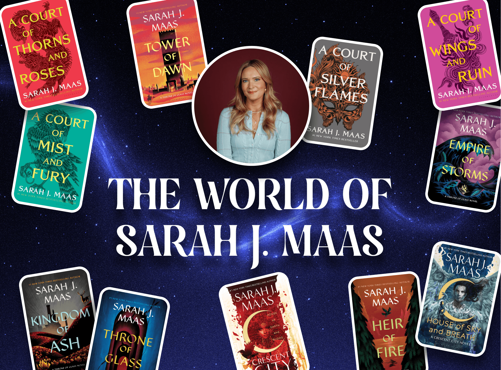 Graphic with a photo of Sarah J.Maas in the center with some of her books around her and text that reads "The World Of Sarah J. Maas"