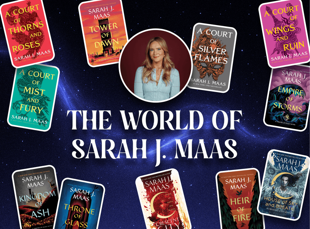 Graphic with a photo of Sarah J.Maas in the center with some of her books around her and text that reads 