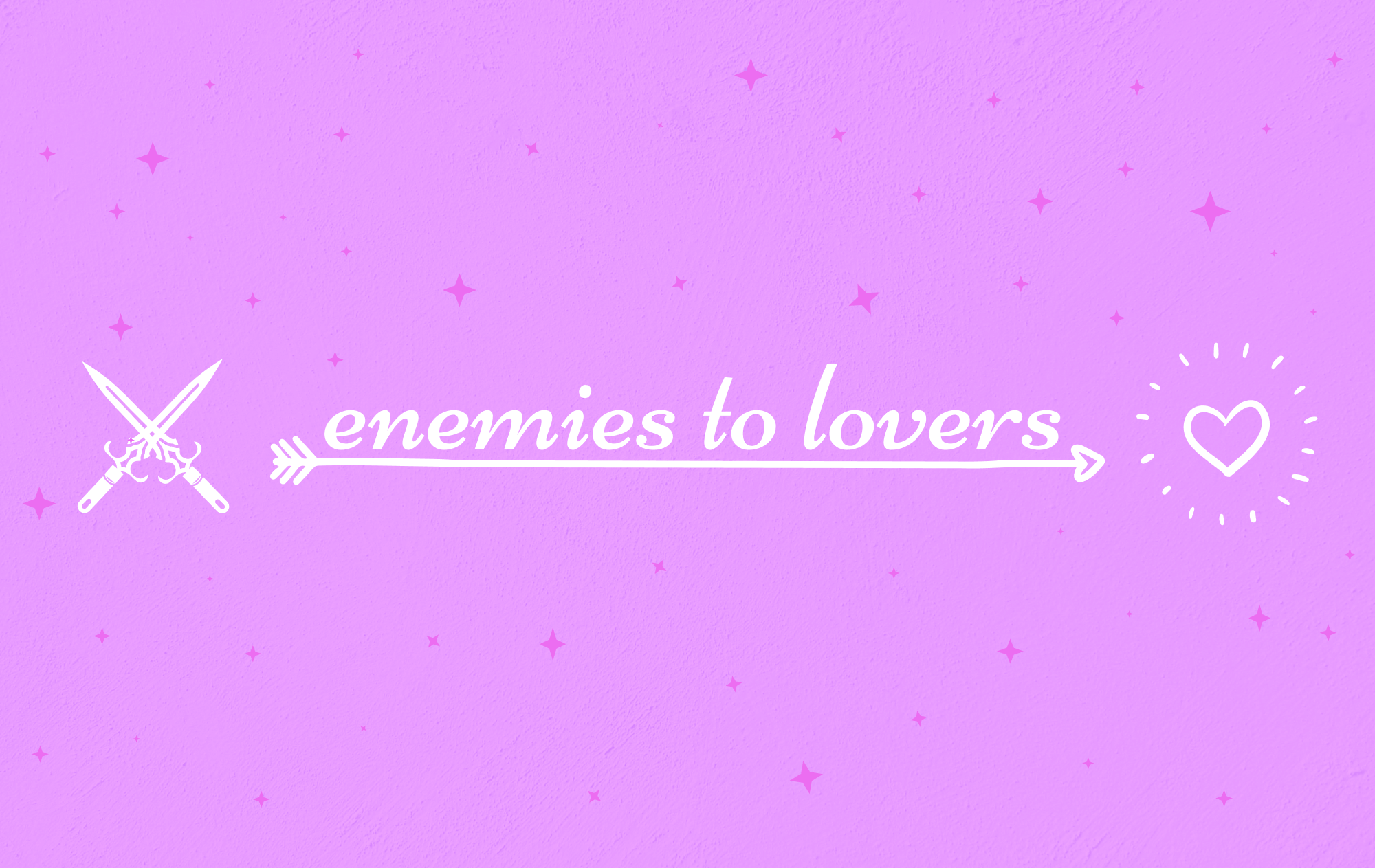 Two crossed daggers, enemies to lovers phrase and a heart on a pink background