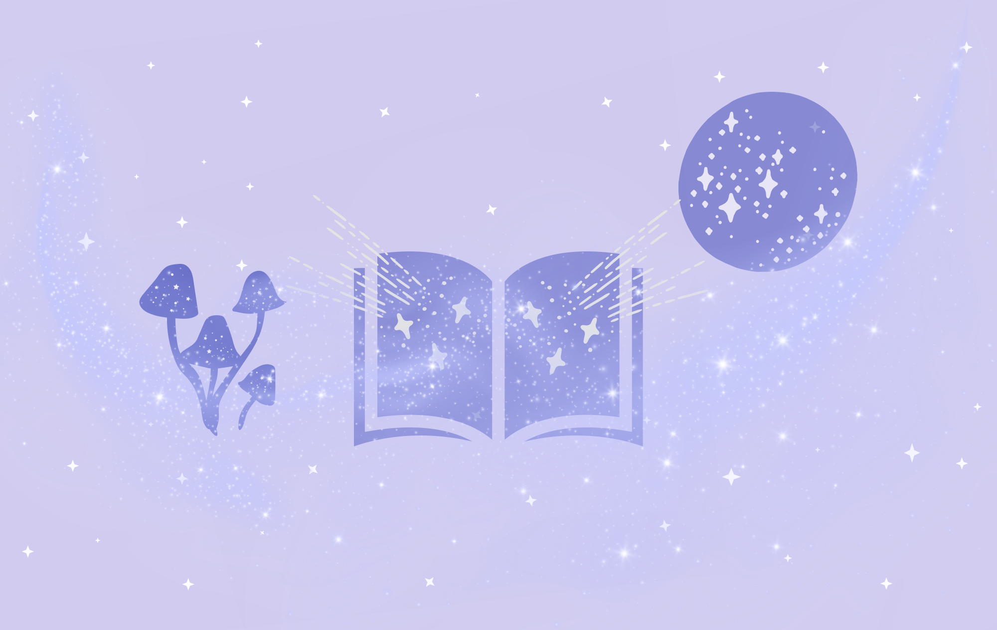 Some mushrooms, a book and the moon surround by magic on a purple background