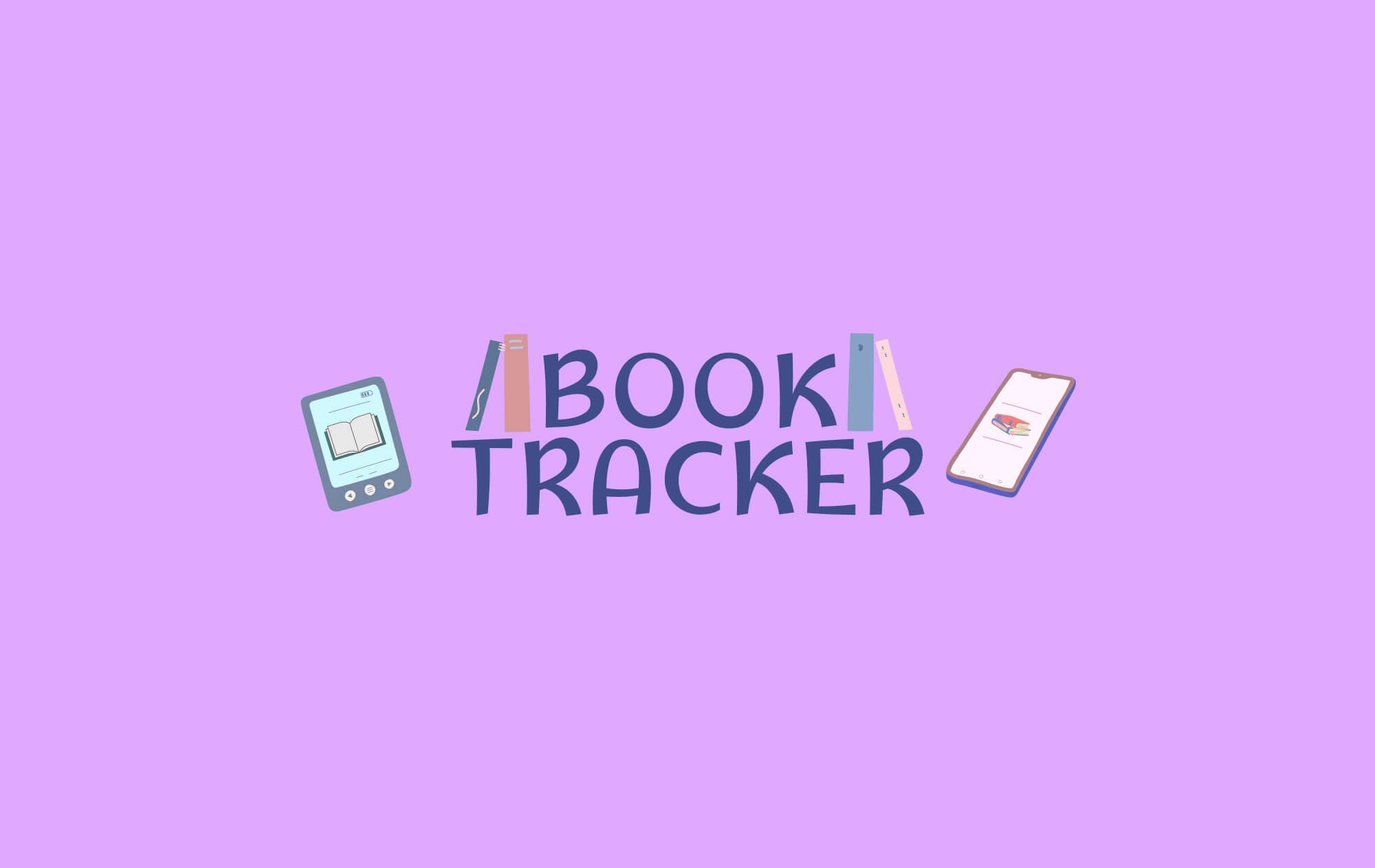Graphic with pink background and text that reads "book tracker" with graphics of books around it 