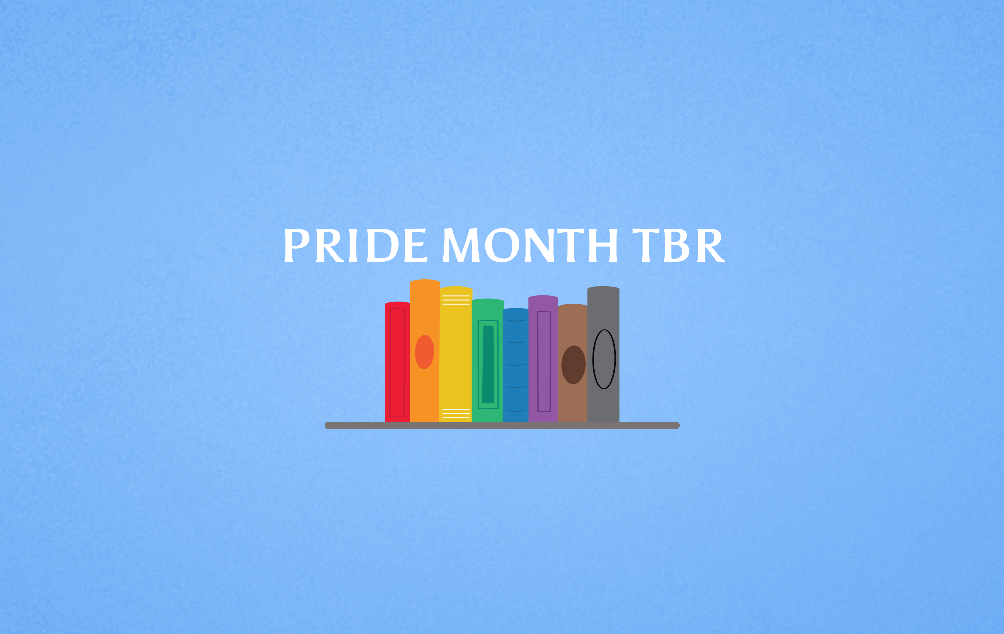 Graphic with books, each has one color of the rainbow
