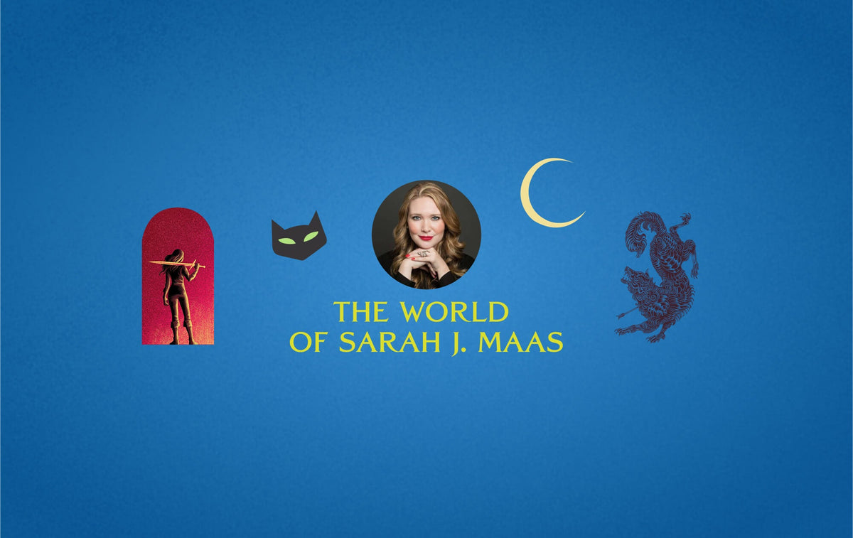 A photo of author Sarah J.Maas in the center with some of her books elements