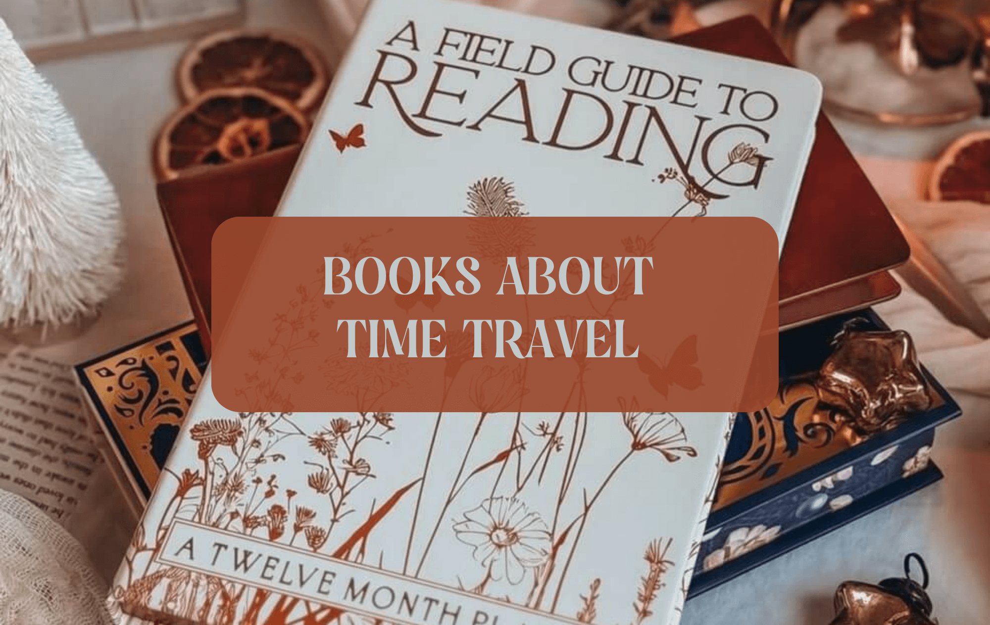 Graphic with photo of journal and text that says "Books about time travel"
