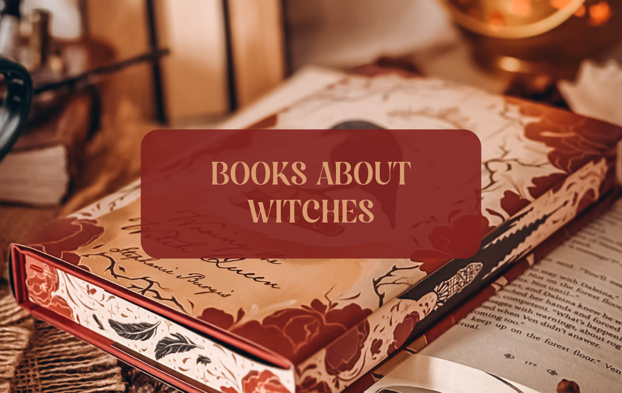 Graphic with book and text that reads "Books about witches"