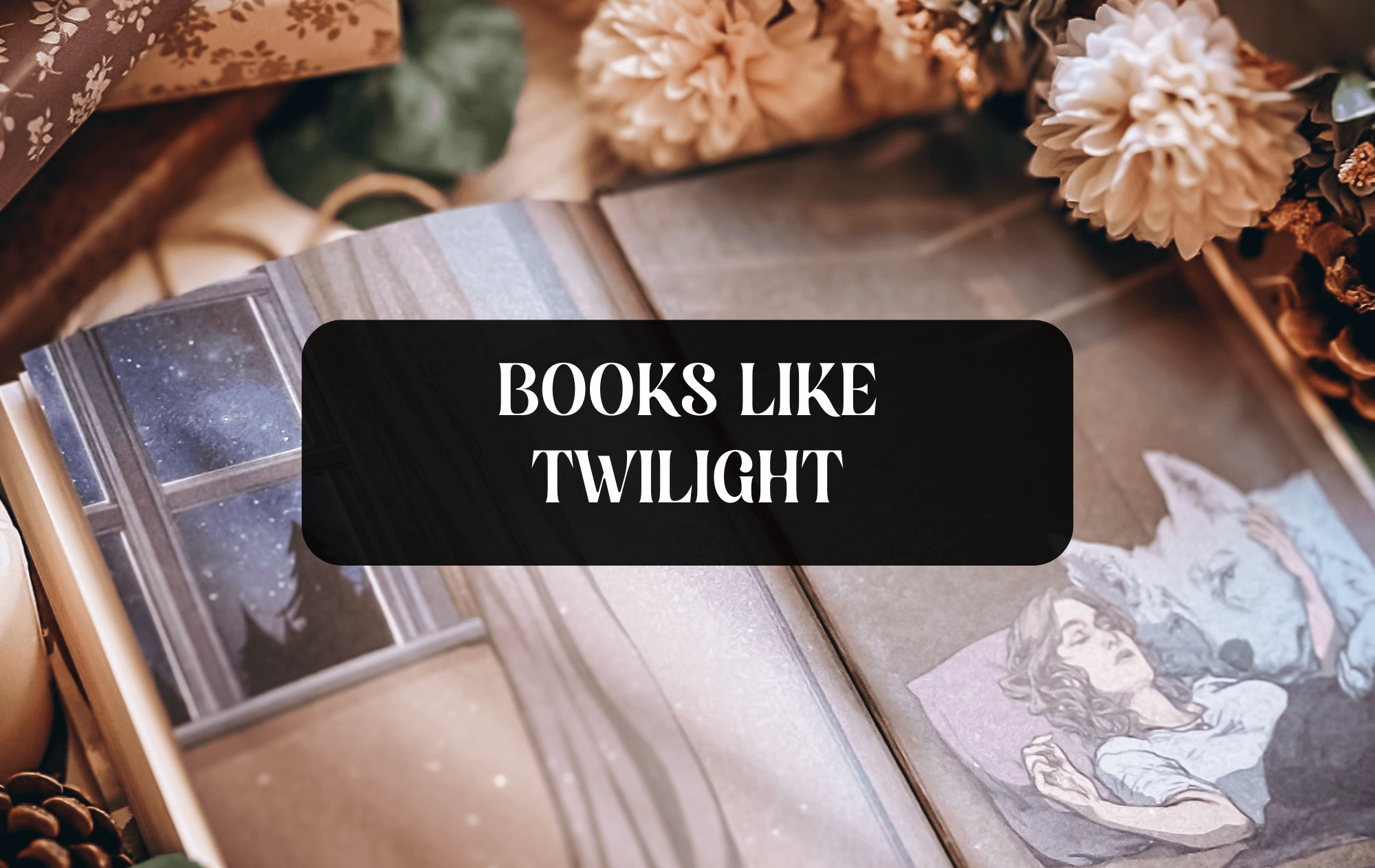 Graphic with photo of an open book and text that says "Books Like Twilight"