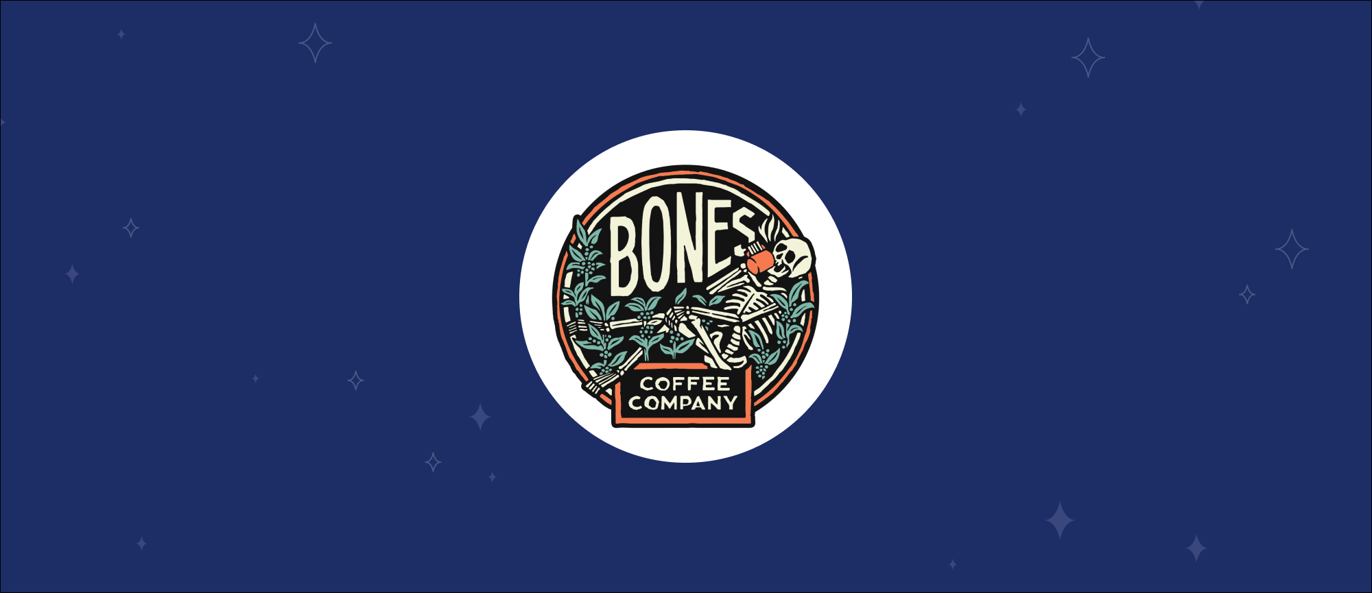 Bones Coffee Company logo on navy background