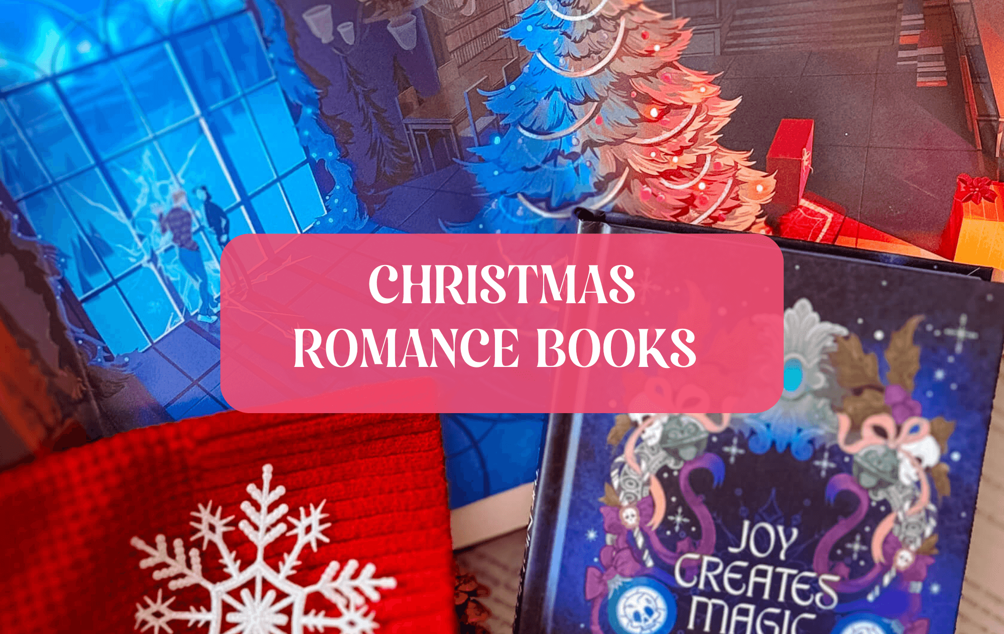 Graphic with books and text that reads "Christmas Romance Books"