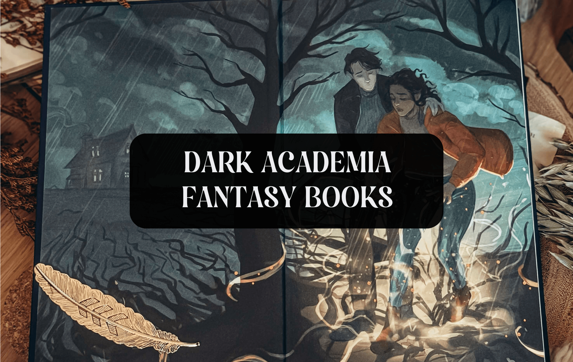 Graphic with photo of book and text which reads "Dark Academia Fantasy Books"